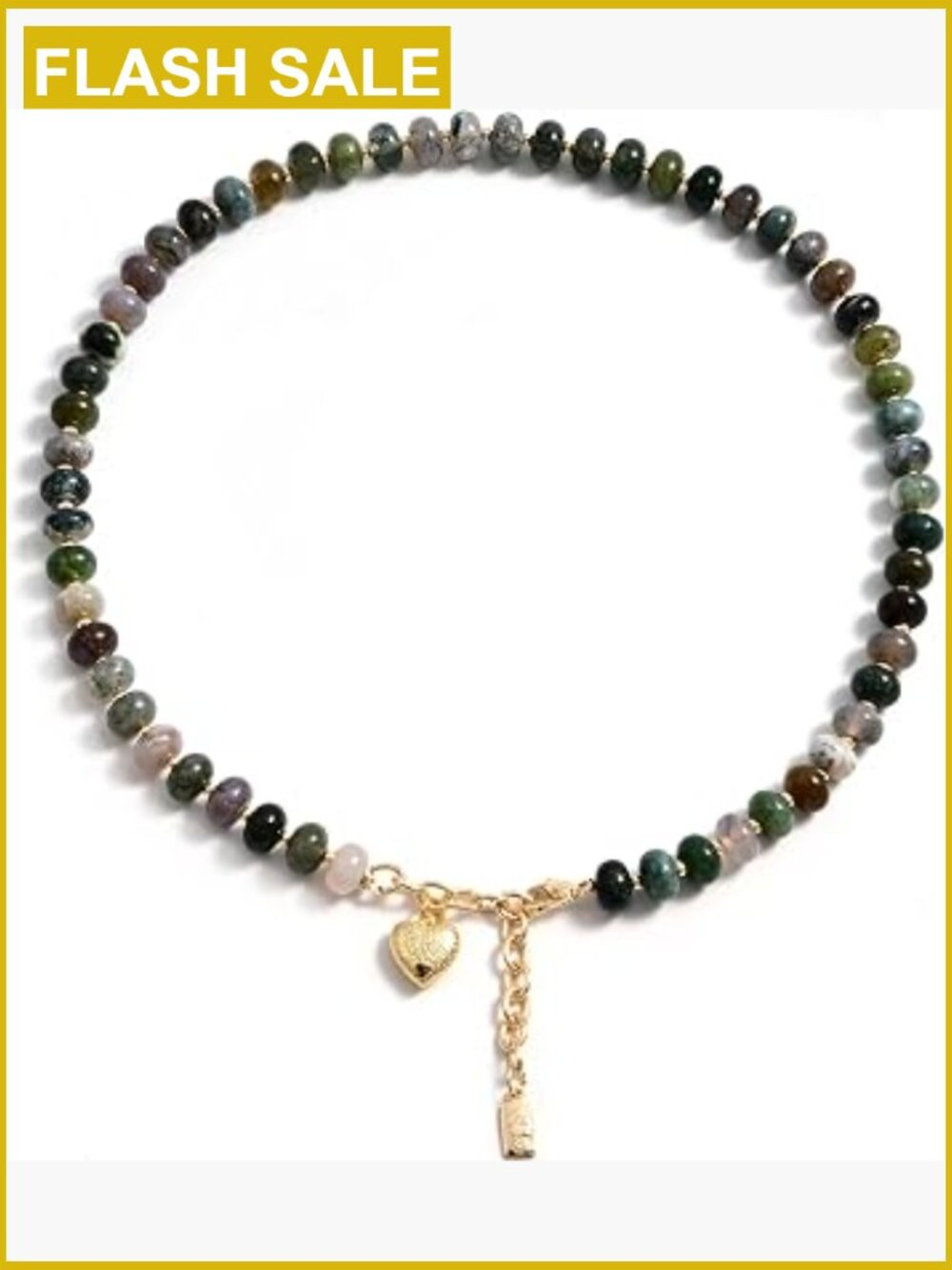 Gemstone Beaded Necklace with Heart Pendant – Natural Agate Choker 16.3